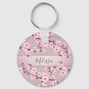 Cherry Blossoms Pink Mauve Glitter Keychain