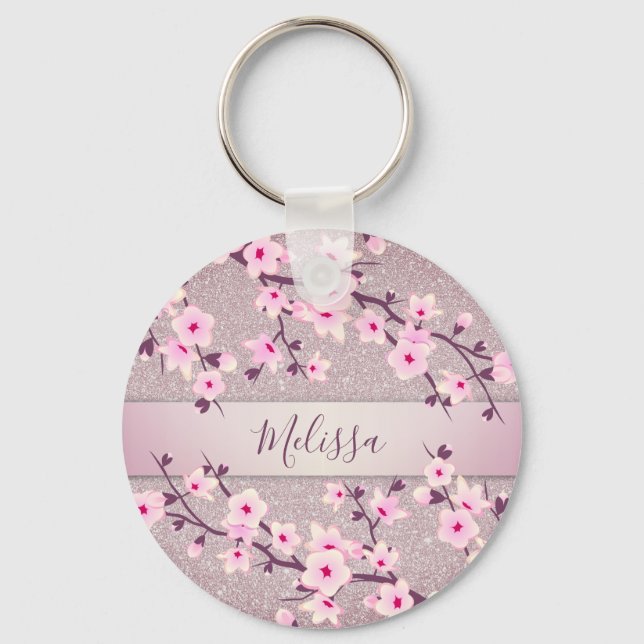 Cherry Blossoms Pink Mauve Glitter Keychain (Front)