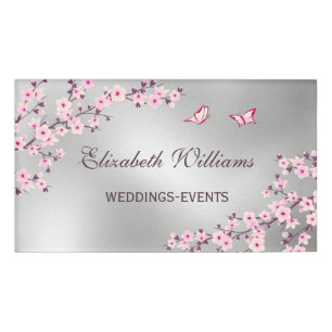 Cherry Blossoms Pink Silver Wedding Planner  Name Tag