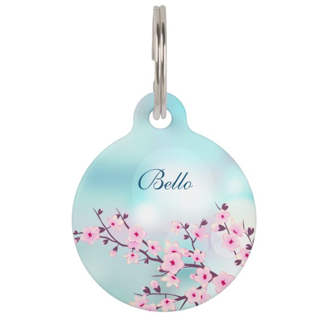 Cherry Blossoms Pink Turquoise  Personalize Pet Tag (Front)