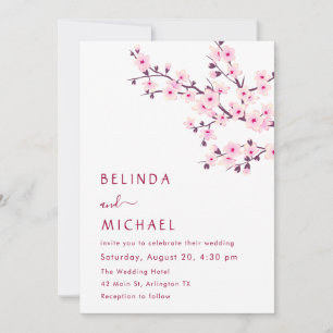 Cherry Blossoms Pink White Casual Wedding Invitation