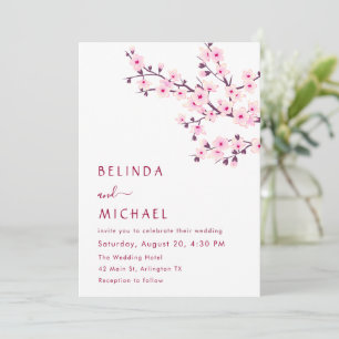 Cherry Blossoms Pink White Casual Wedding Invitation