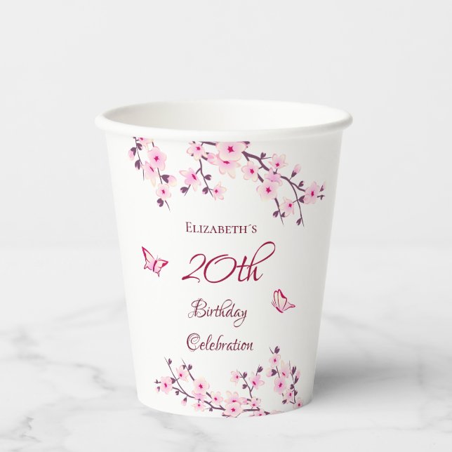 Cherry Blossoms Pink White Custom Birthday Paper Cups (Front)