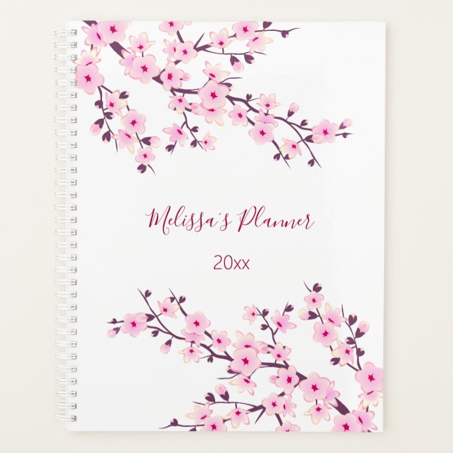 Cherry Blossoms Pink White Custom Planner (Front)