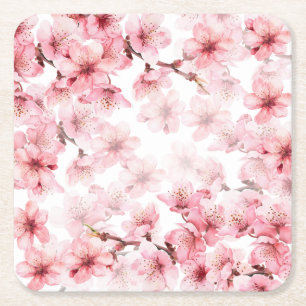 Cherry Blossoms Pink White Custom Square Paper Coaster