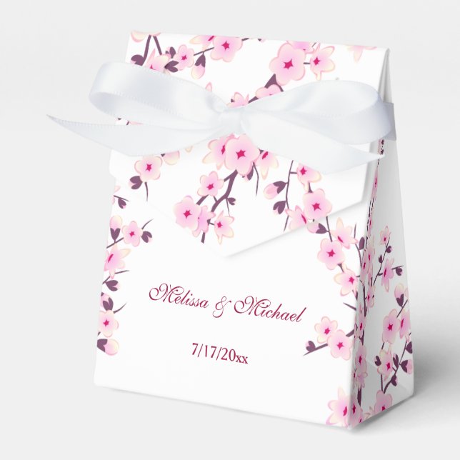 Cherry Blossoms Pink White | Custom Wedding Favor Box (Front Side)
