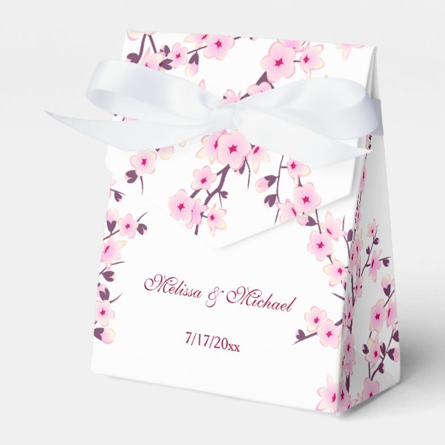 Cherry Blossoms Pink White Customizable Wedding Favor Box (Front Side)