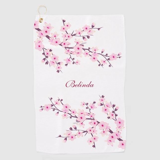 Cherry Blossoms Pink White Monogram Golf Towel (Front)