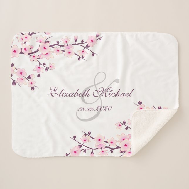 Cherry Blossoms Pink White Newlyweds Save The Date Sherpa Blanket (Front (Horizontal))