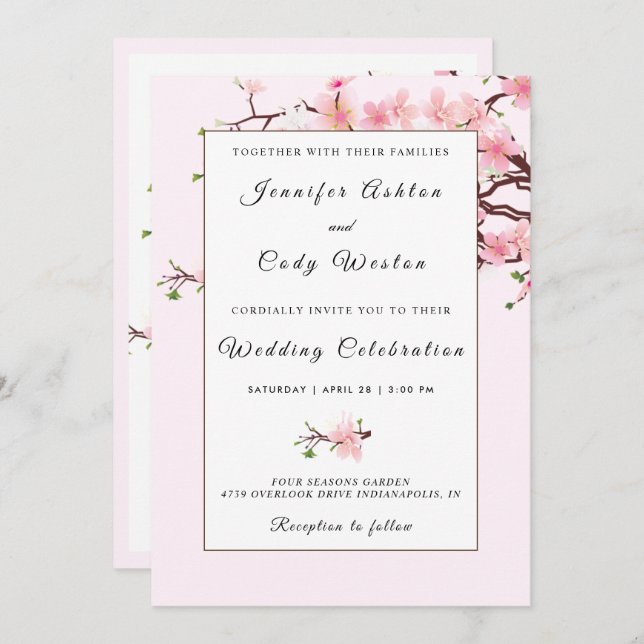 Cherry Blossoms Pink White Wedding Invitation Card (Front/Back)