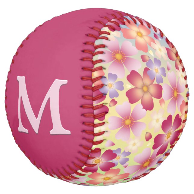 Cherry Blossoms Pretty Floral Custom Monogrammed Softball (Angled)