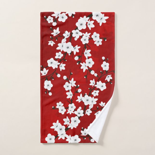 Cherry Blossoms Red And White Floral Oriental Hand Towel (Hand Towel)