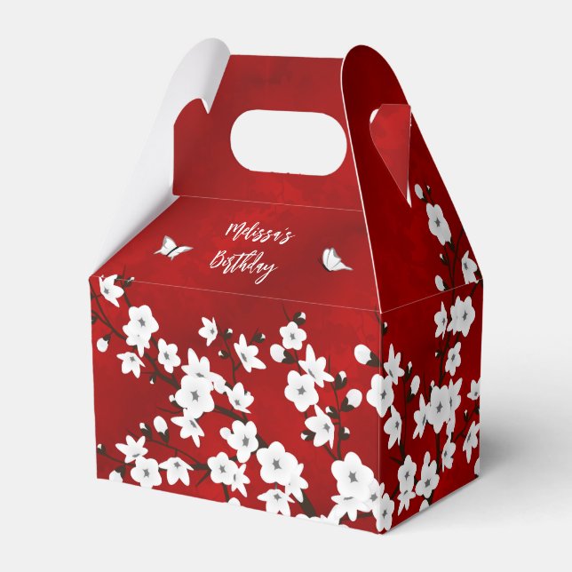 Cherry Blossoms Red Black White Custom Birthday Favor Box (Front Side)