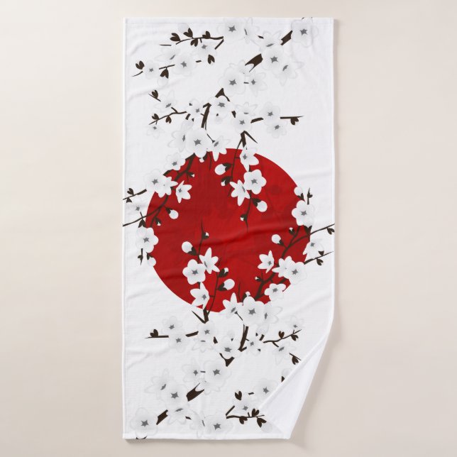 Cherry Blossoms Red Black White Rising Sun Bath Towel (Bath Towel)