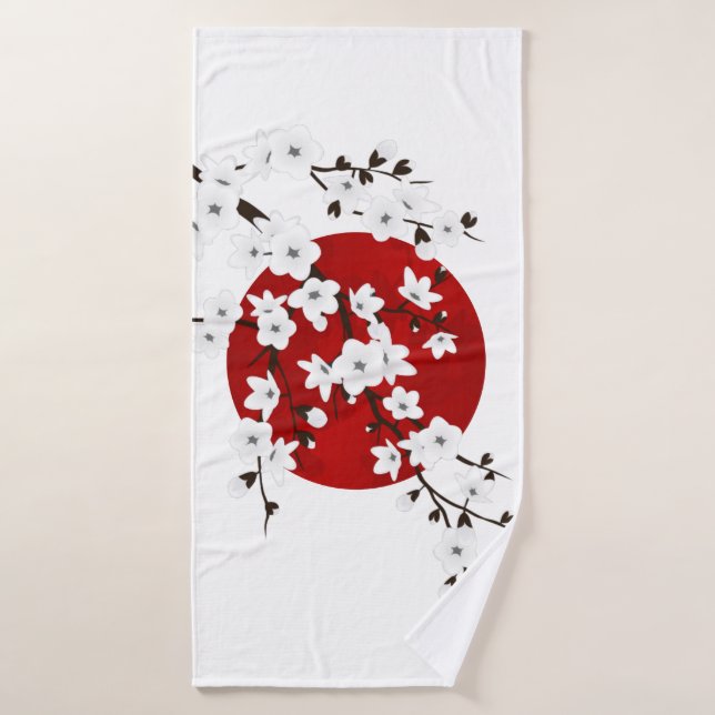 Cherry Blossoms Red Black White Rising Sun Bath Towel (Bath Towel)