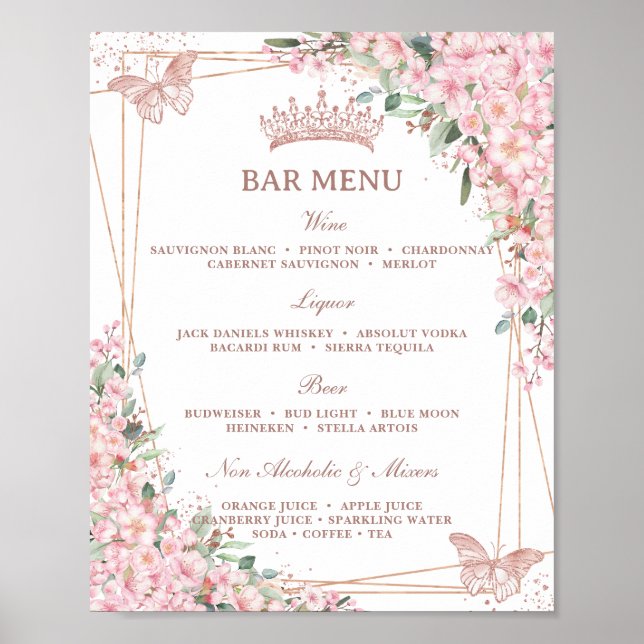 Cherry Blossoms Rose Gold Butterflies Bar Menu Poster (Front)