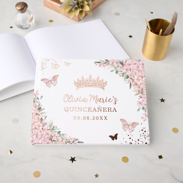 Cherry Blossoms Rose Gold Butterflies Quinceanera  Guest Book (Front Open)