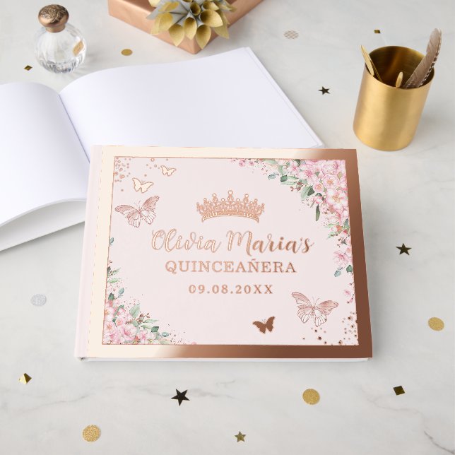 Cherry Blossoms Rose Gold Butterflies Quinceañera Guest Book (Front Open)