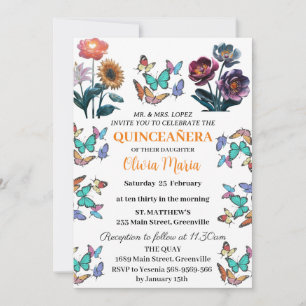 Cherry Blossoms Rose Gold Butterflies Quinceañera  Invitation