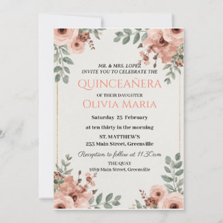 Cherry Blossoms Rose Gold Butterflies Quinceañera Invitation