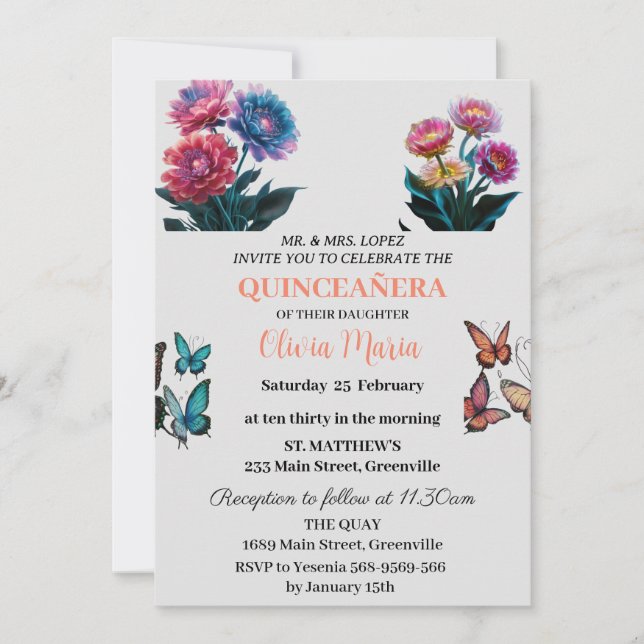 Cherry Blossoms Rose Gold Butterflies Quinceañera  Invitation (Front)