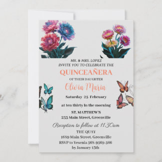 Cherry Blossoms Rose Gold Butterflies Quinceañera  Invitation