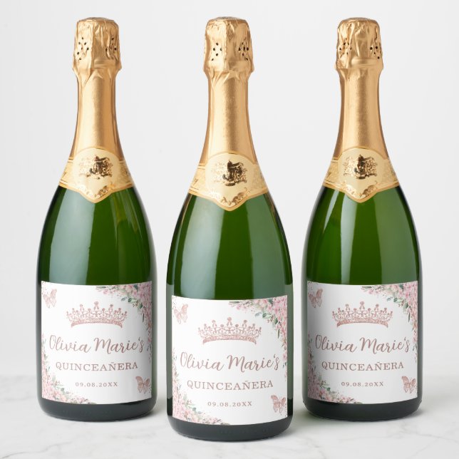 Cherry Blossoms Rose Gold Butterflies Quinceañera Sparkling Wine Label (Bottles)