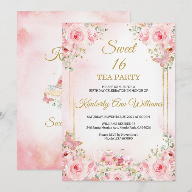  Cherry Blossoms Rose Gold Butterflies Sweet 16  Invitation (Front/Back)