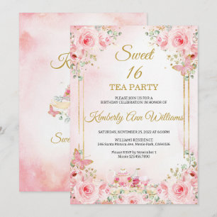 Cherry Blossoms Rose Gold Butterflies Sweet 16 Invitation