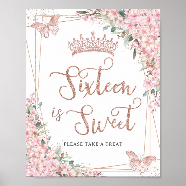 Cherry Blossoms Rose Gold Butterflies Sweet Treat  Poster (Front)