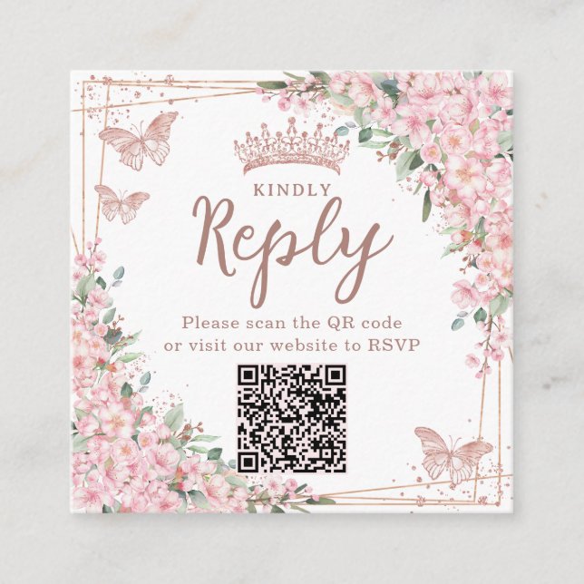 Cherry Blossoms Rose Gold Quinceanera QR Code Enclosure Card (Front)