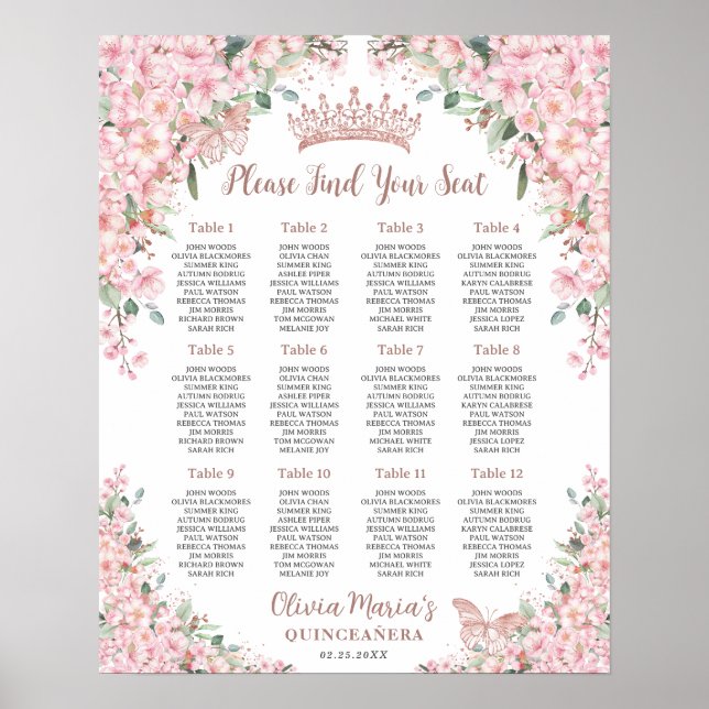 Cherry Blossoms Rose Gold Quinceanera Seating Poster (Front)