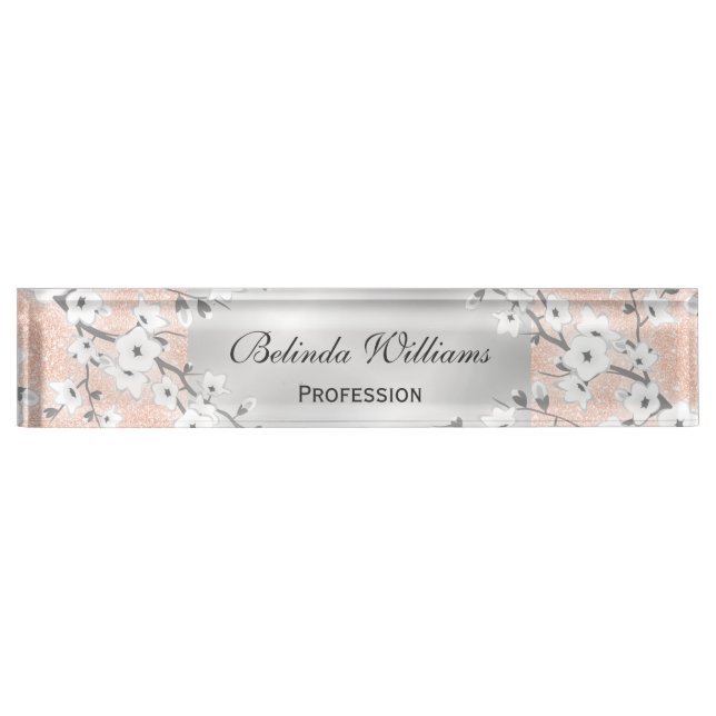 Cherry Blossoms Rose Gold Silver Nameplate (Front)