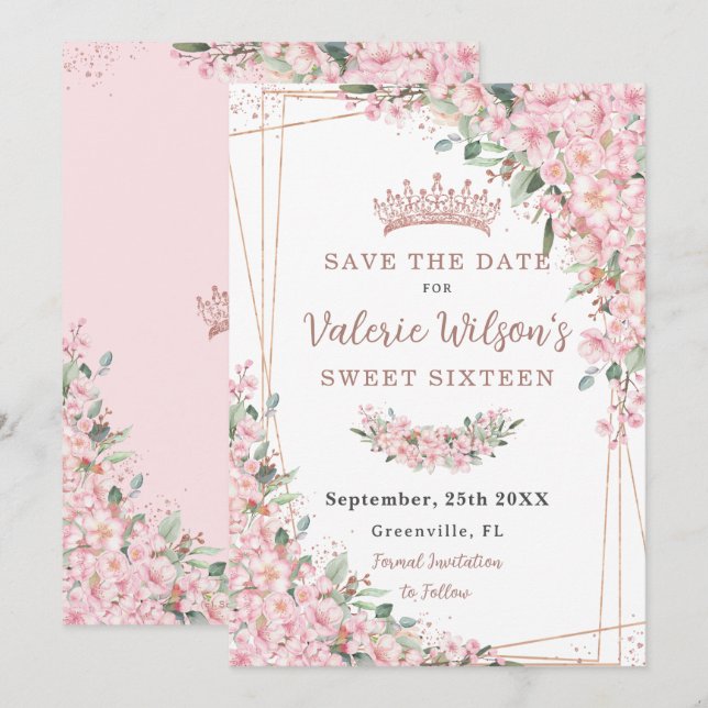 Cherry Blossoms Rose Gold Sweet 16 Quinceañera Save The Date (Front/Back)