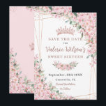 Cherry Blossoms Rose Gold Sweet 16 Quinceañera Save The Date<br><div class="desc">Personalize this pretty cherry blossoms Quinceañera / Sweet 16 birthday save the date easily and quickly. Simply click the customize it further button to edit the texts, change fonts and fonts colours. Featuring beautiful watercolor cherry blossoms flowers and a rose gold geometric frame. Matching items available in store. (c) Somerset...</div>