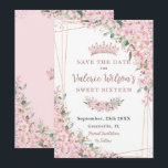 Cherry Blossoms Rose Gold Sweet 16 Quinceañera Save The Date<br><div class="desc">Personalize this pretty cherry blossoms Quinceañera / Sweet 16 birthday save the date easily and quickly. Simply click the customize it further button to edit the texts, change fonts and fonts colours. Featuring beautiful watercolor cherry blossoms flowers and a rose gold geometric frame. Matching items available in store. (c) Somerset...</div>