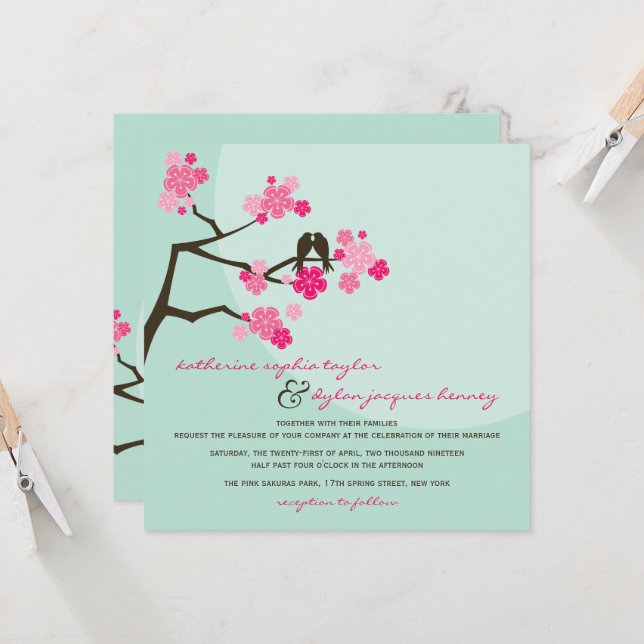 Cherry Blossoms Sakura Love Birds Wedding Invite (Front/Back In Situ)