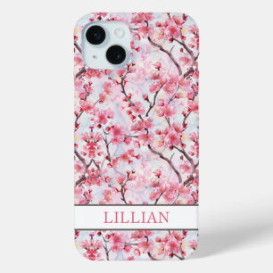 Cherry Blossoms Sakura Monogrammed iPhone 15 Mini Case