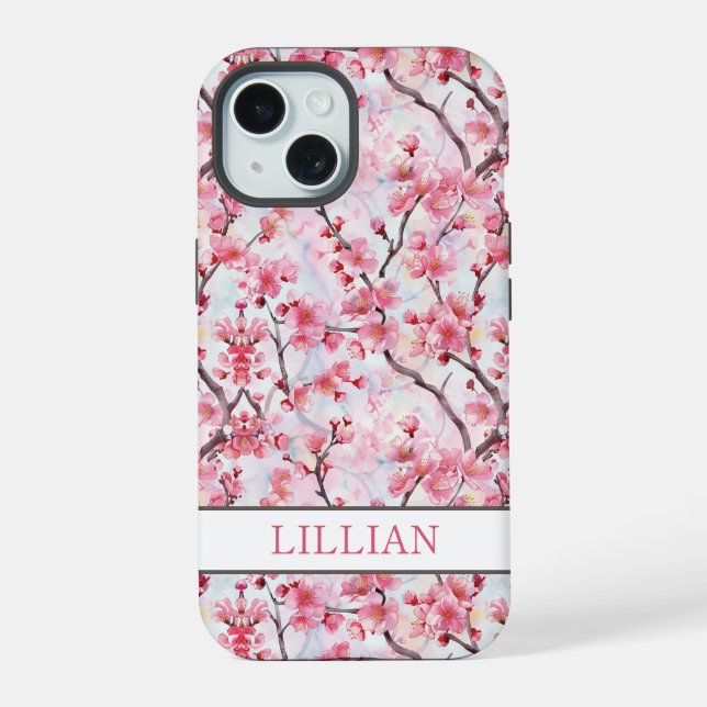 Cherry Blossoms Sakura Monogrammed iPhone 15 Case (Back)