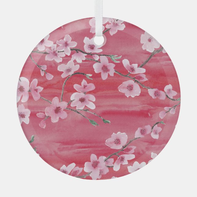 Cherry blossoms, seamless, watercolor pattern. glass ornament (Front)