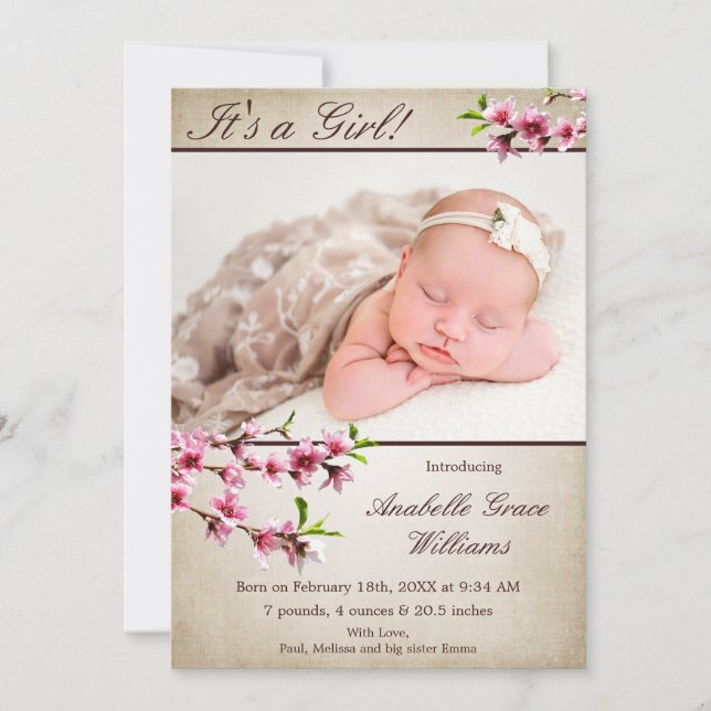 Cherry Blossoms Tan Photo Birth Announcement (Front)