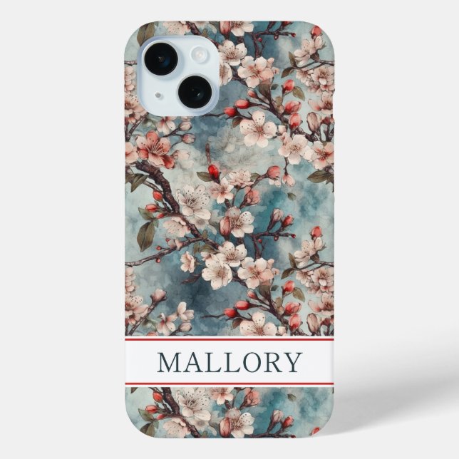 Cherry Blossoms Teal Sakura Print Monogrammed Case-Mate iPhone Case (Back)