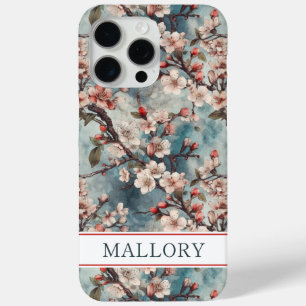 Cherry Blossoms Teal Sakura Print Monogrammed iPhone 15 Pro Max Case