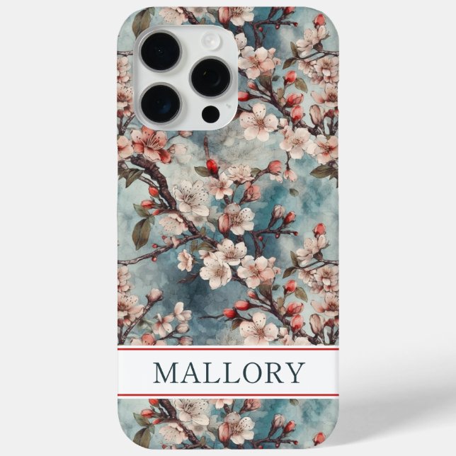 Cherry Blossoms Teal Sakura Print Monogrammed Case-Mate iPhone Case (Back)