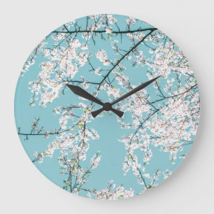 Cherry Blossoms: Turquoise Floral Trend Large Clock