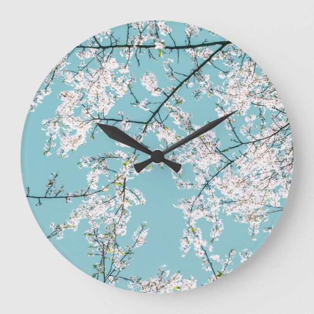 Cherry Blossoms: Turquoise Floral Trend Large Clock (Front)