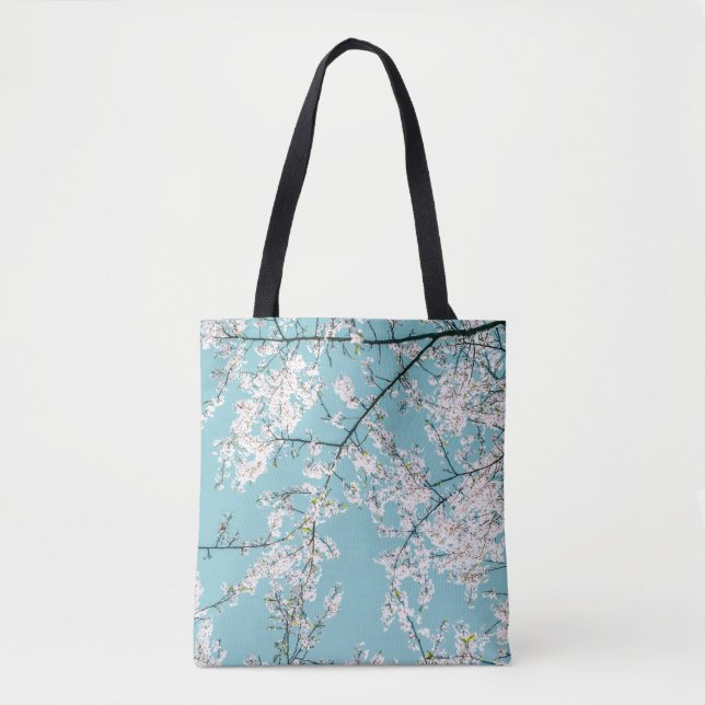 Cherry Blossoms: Turquoise Floral Trend Tote Bag (Front)