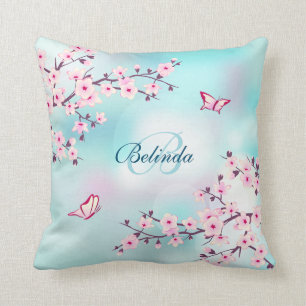 Cherry Blossoms Turquoise Monogram Floral Throw Pillow