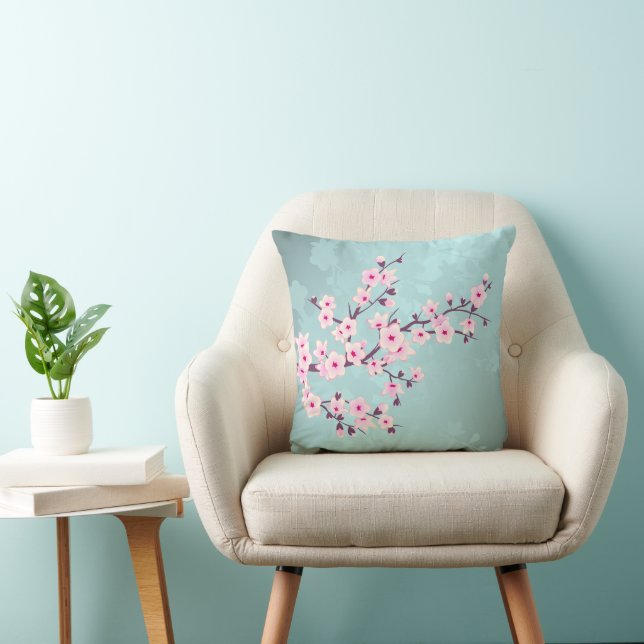 Cherry Blossoms Turquoise Monogram Throw Pillow (Chair)