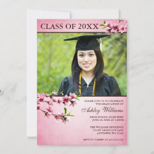 Cherry Blossoms Vintage Pink Photo Graduation Invitation